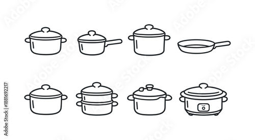 Minimal line-art cookware set icons showing pots, saucepan, stockpot, frying pan, steamer, pressure cooker, and electric slow cooker outline