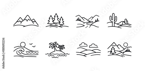 Minimal line art landscape icon set featuring mountains, forests, river valley, desert cactus, surfer wave, tropical island palms, and rolling hills