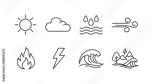 Minimal black line weather and nature icons set featuring sun, cloud, rain, wind, fire, lightning, wave, and landscape symbols on white background