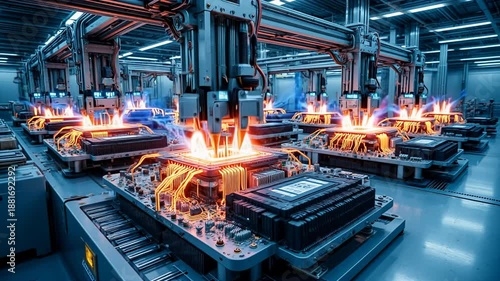 Advanced automated factory machinery precisely assembling glowing, complex electronic circuit boards on a sophisticated manufacturing production line.