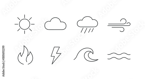 Minimal black line weather icons set showing sun, clouds, rain, wind, fire, lightning, wave, and water ripples on white background