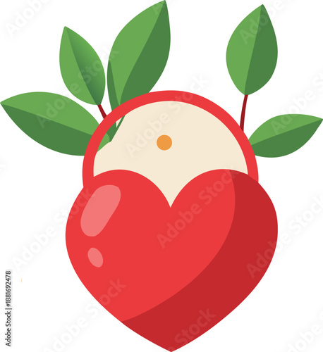 Vibrant red peach with fresh green leaves