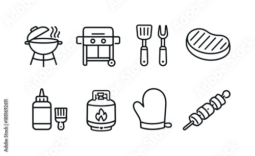 Minimal line icon set of barbecue equipment and grilling essentials including kettle grill, gas grill, utensils, steak, sauce bottle, and mitt