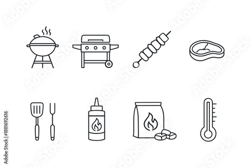 Minimal line icon set of barbecue cooking essentials with grill, skewer, steak, utensils, sauce, charcoal, briquettes, and thermometer