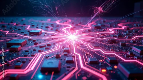 Close-up view of a futuristic circuit board featuring bright, glowing pink neon energy pathways connecting complex electronic components dynamically.