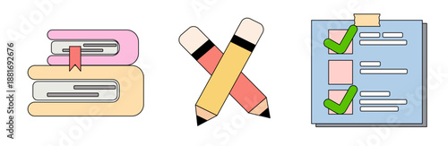 Education and Productivity Icons Set with Books, Crossed Pencils, and Checklist Illustration