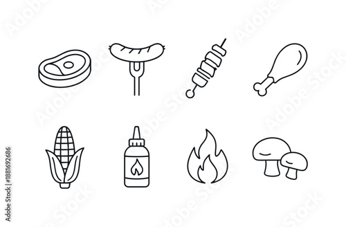 Minimal line icons of grilled foods and ingredients including steak, sausage, skewer, chicken drumstick, corn, sauce bottle, flame, and mushrooms