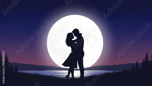 A romantic couple kissing in front of a full moon at night