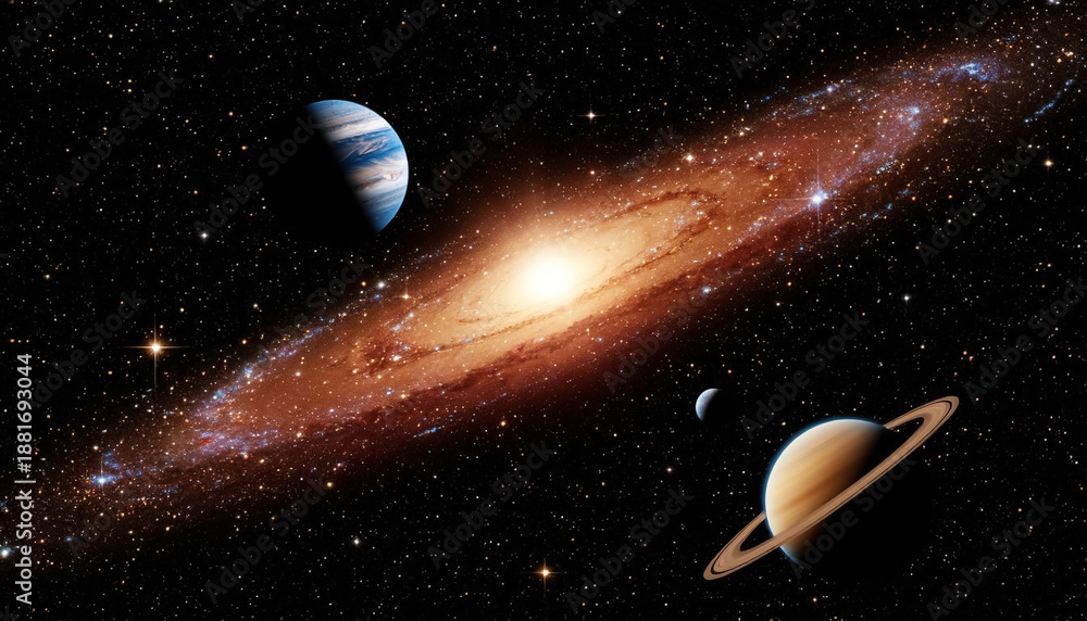 Fototapeta premium Cosmic Black Hole with Planets and Stars on Deep Space Background