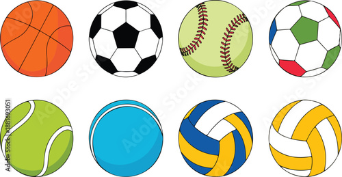 Sport Balls Vector Icon Set – Basketball, Soccer, Baseball, Tennis, Volleyball