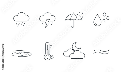 Minimal line weather icons set showing rain cloud, thunderstorm lightning, umbrella, water droplets, puddle, thermometer, moon clouds, and wind