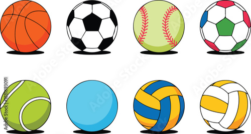 Sport Balls Vector Icon Set – Basketball, Soccer, Baseball, Tennis, Volleyball