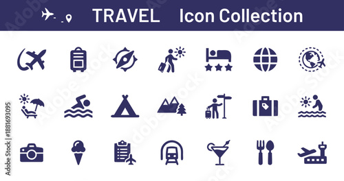 Travel icon collection vector illustration with transportation, relaxation