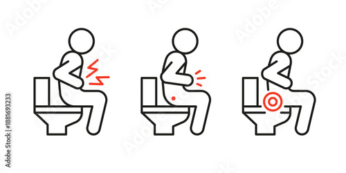 Person sitting in toilet with pain in stomach and defecation diarrhea line icon. Ache hemorrhoids, indigestion. Vector illustration