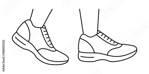 Outline drawing of two sneakers on feet, casual footwear for sports and everyday wear concept. Vector illustration