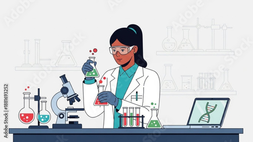 A female scientist working in a laboratory with various equipment and a laptop