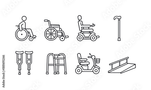 Outline icons of mobility and accessibility aids including wheelchair, powered scooter, walker, crutches, cane, and ramp for disability support