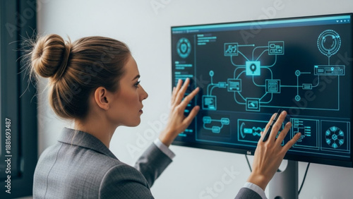 A businesswoman interacting with a futuristic computer screen displaying a complex network diagram