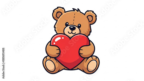 A cute cartoon teddy bear holding a red heart in its paws