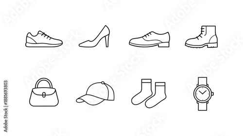 Minimal line icon set of footwear and accessories including sneaker, high heel, dress shoe, boot, handbag, cap, socks, and wristwatch