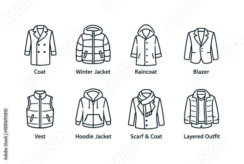 Minimal line icons of outerwear and layered clothing, showing coat, winter jacket, raincoat, blazer, vest, hoodie jacket, scarf coat, outfit