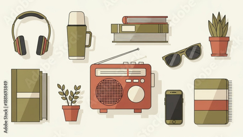 A colorful vector illustration of various personal items and gadgets
