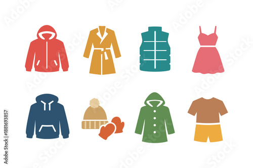 Colorful flat vector icons of winter and casual clothing including hoodie, coat, vest, dress, mittens, hat, jacket, and outfit set