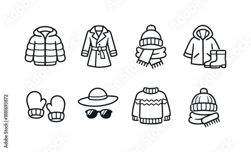 Minimal line art set of winter clothing icons including puffer jacket, coat, beanie, scarf, mittens, sunglasses, sweater, hoodie, boots