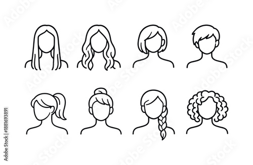 Minimal line art set of diverse female and male head outlines with different hairstyles, simple avatar icons for profile design and user interface