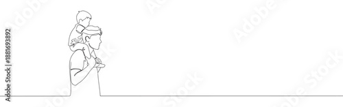 Continuous one line drawing of a father carrying his son on his shoulders, joyfully bonding together