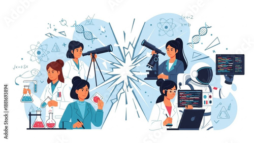 A group of diverse women in science and technology working together in a modern laboratory setting with various equipment and tools.