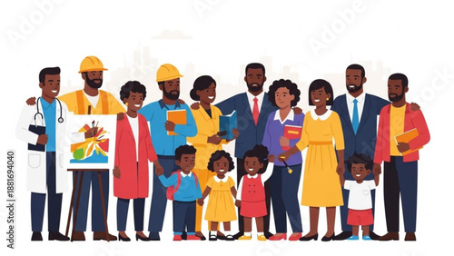 A diverse group of people from different professions and ages standing together in unity and harmony