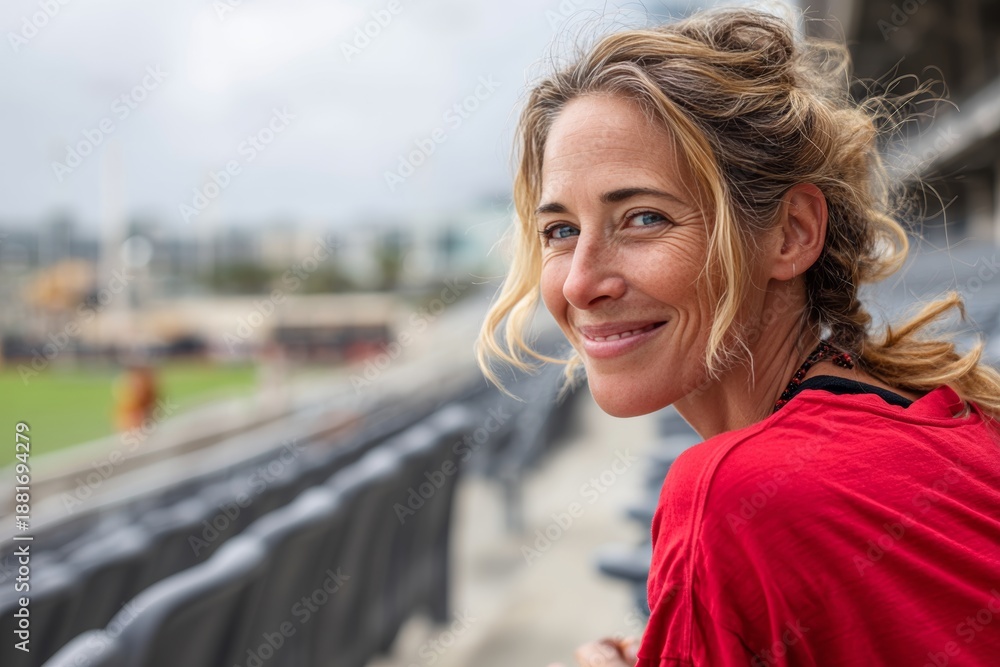 Naklejka premium happy woman in her 40s dressed in a casual t-shirt in front of dynamic sports stadium background
