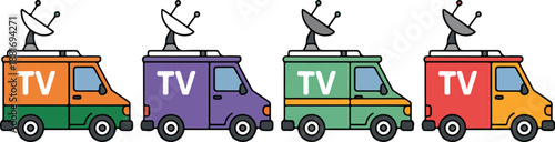 News Broadcasting Van Vector Set – Satellite Antenna Reporting Vehicle