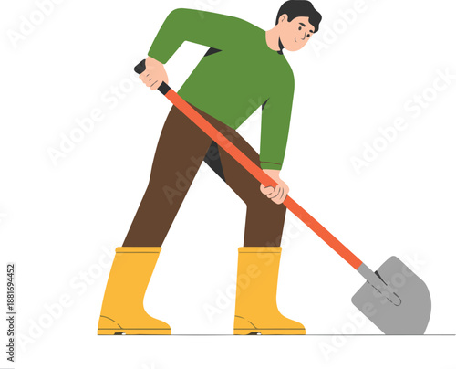 Happy Farmer Digging Soil with Shovel – Agriculture Character Vector