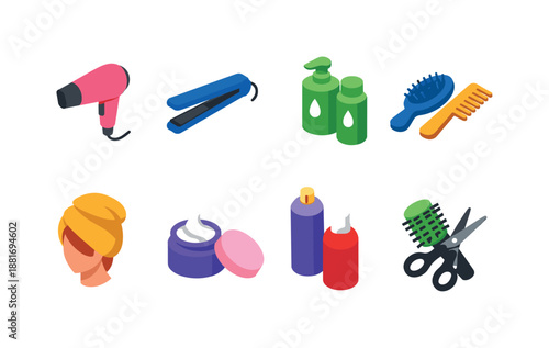 Set of colorful hair care and styling icons including hairdryer, straightener, shampoo bottles, brush, comb, hair towel, cream jar, spray and scissors