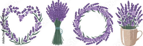 Violet Lavender Twigs Bouquet, Wreath, and Vase – Vector Set