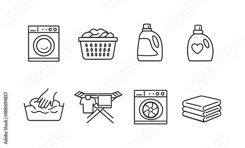 Minimal line icons set of laundry routine including washer, dryer, detergent bottles, laundry basket, hand washing, ironing board, and folded towels