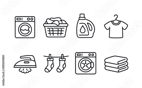 Minimal line icons set of laundry and clothing care, including washing machines, detergent bottle, laundry basket, iron, socks, shirt, and folded towels