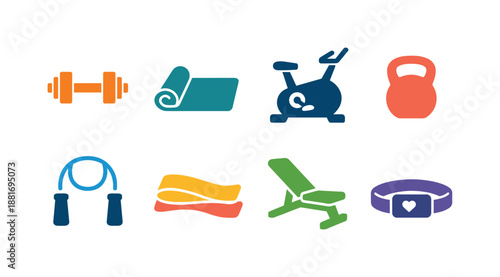 Colorful fitness equipment icon set featuring dumbbell, yoga mat, stationary bike, kettlebell, jump rope, towel, workout bench, and heart monitor