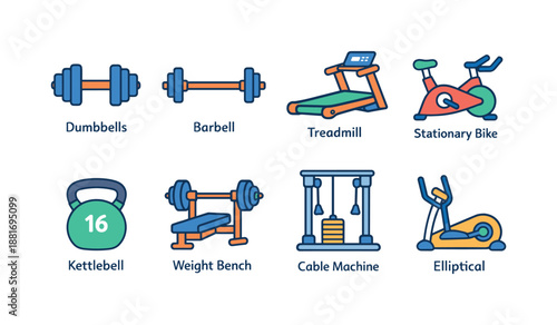 Vector illustration set of gym fitness equipment icons including dumbbells, barbell, treadmill, stationary bike, kettlebell, bench, cable machine, elliptical