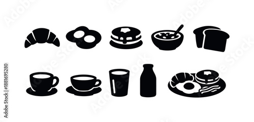 Black silhouette icons of breakfast foods and drinks including croissant, eggs, pancakes, cereal, bread, coffee cups, milk bottle, and full breakfast plate