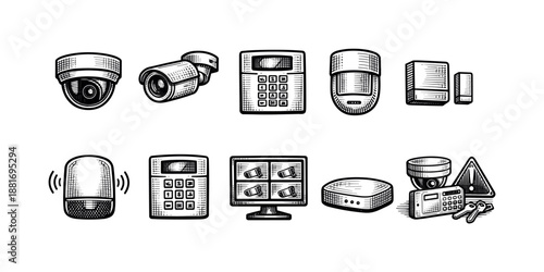 Set of security and surveillance equipment icons including cameras, keypad control panels, motion sensors, alarm siren, monitor, and recorder
