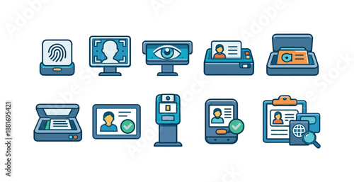 Set of identity verification and access control icons showing biometrics, fingerprint scan, facial ID, credentials, authentication devices, and screening