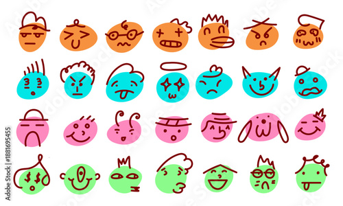 Playful cute cartoon face expressions collection with bright colors vector for social media content