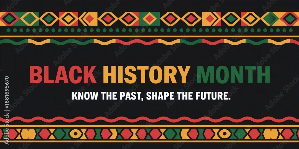 Fototapeta premium Black history month celebration banner with panafrican colors and cultural patterns, know the past shape the future message