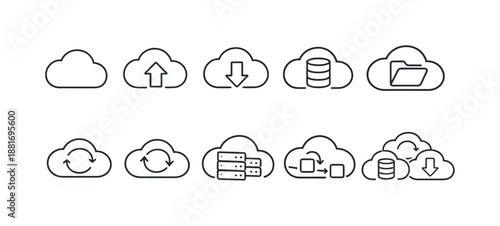 Minimal line icons illustrating cloud computing features including upload, download, database storage, folders, synchronization, servers, and migration