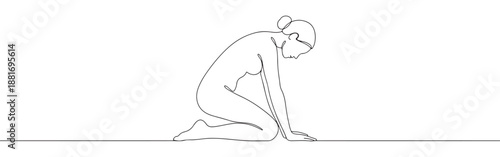 One continuous line drawing of a woman kneeling down in a pose of sadness or humility. Minimalist style
