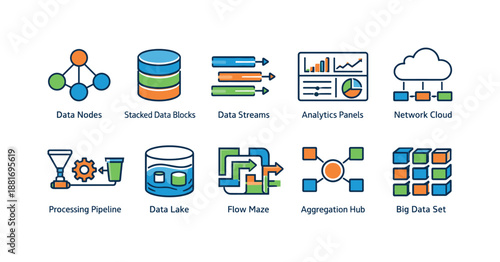 Collection of colorful big data and analytics icons showing data nodes, storage blocks, streams, dashboards, cloud networking, pipelines, and aggregation