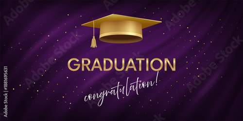 Graduation celebration banner. Golden academic cap and congratulation text on purple wavy curtains gold glitter. Elegant vector design for university, school graduation party or ceremony invitation.
